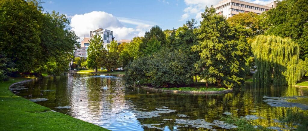 View of a lake in ostend with green trees in the middle